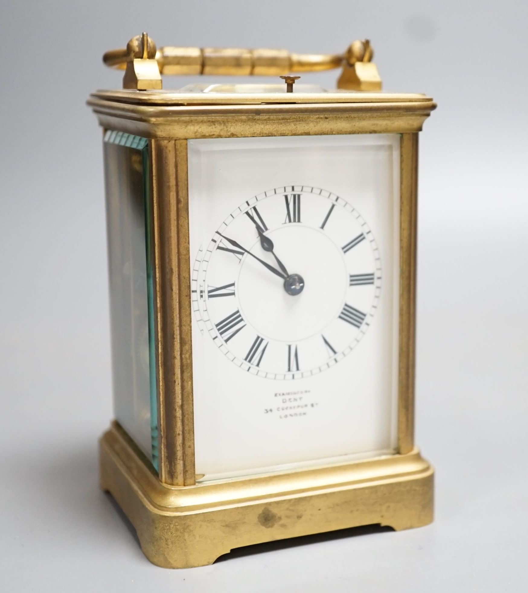 A French gilt brass carriage clock with push repeat, examined by Dent. 13cm (handle down)